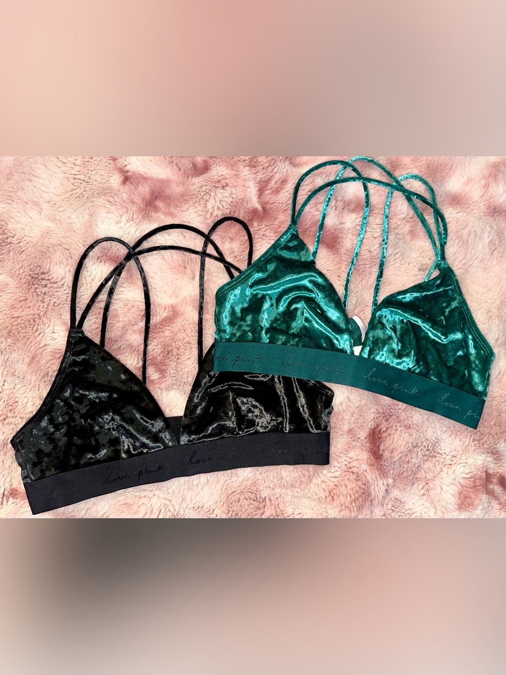 Victoria's Secret PINK Velvet Triangle Bralettes Set Of  2 Green & Black Large